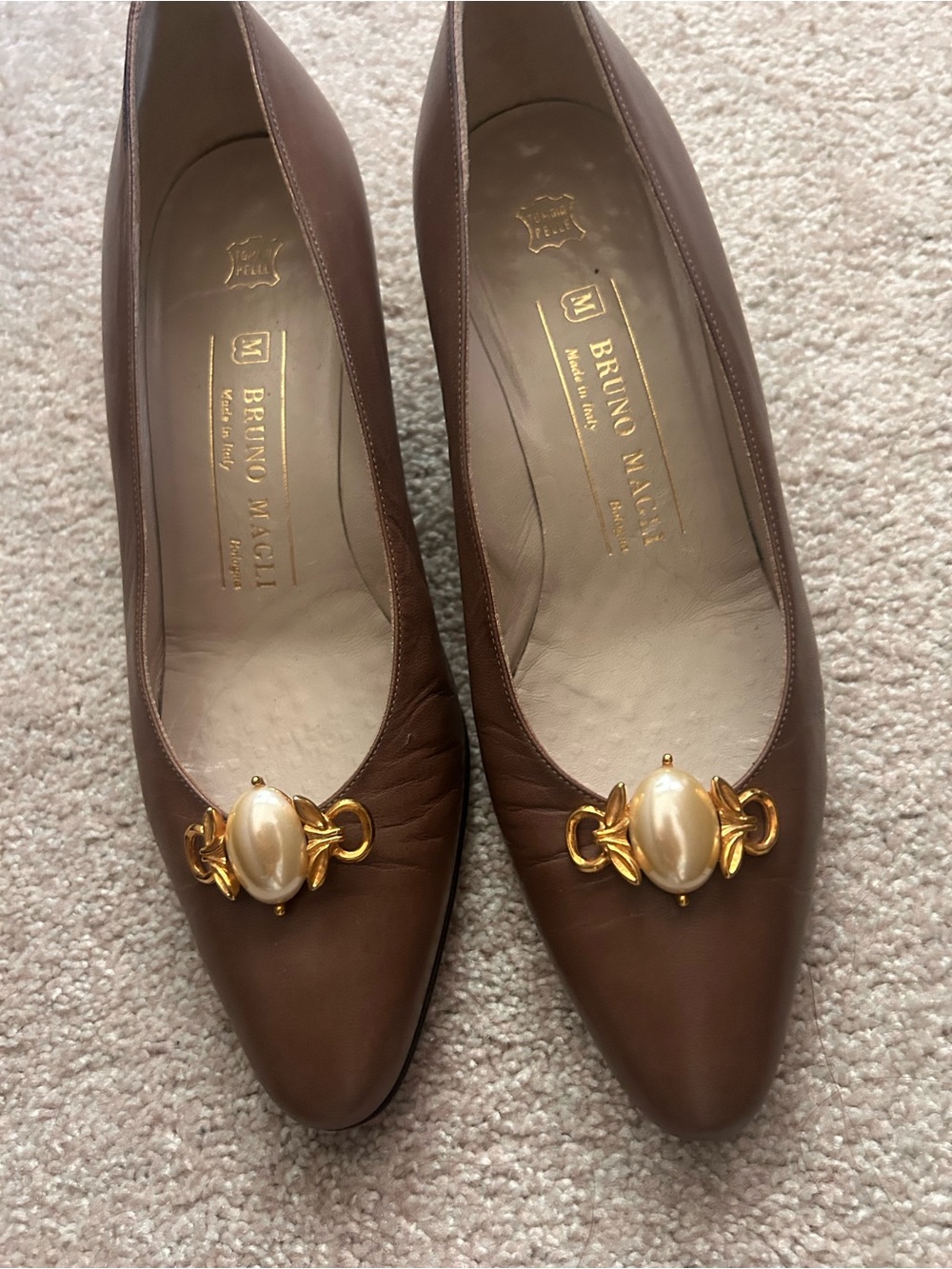 Bruno Magli Brown Leather Pointed Toe Flats with Gold Pearl Ornament